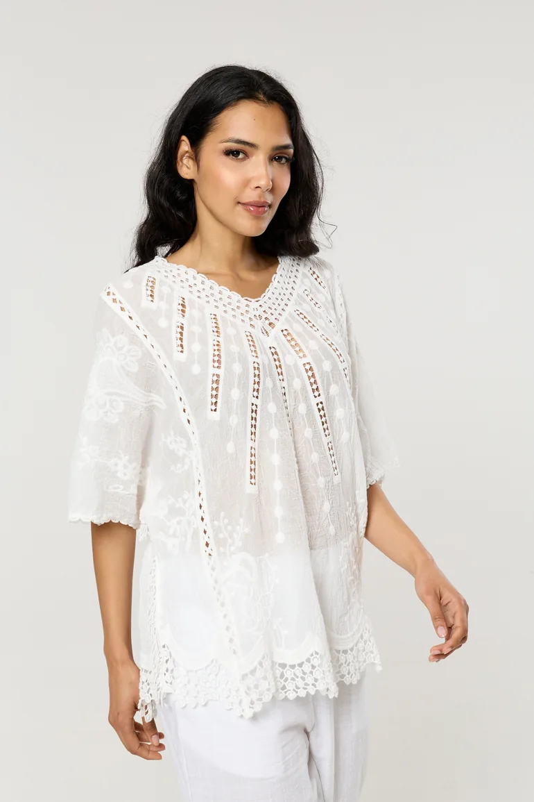 White Cotton Lace Detail Boho Blouse - 1