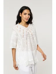 White Cotton Lace Detail Boho Blouse - 1