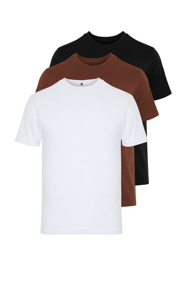 Black-Brown-White Men's Basic Slim Fit 100% Cotton 3-Pack T-Shirt