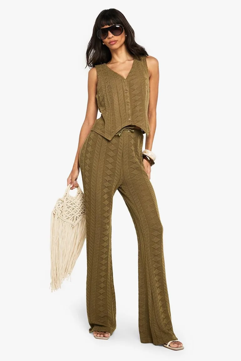 Mix and Match Textured Patterned Knitted Waistcoat - khaki