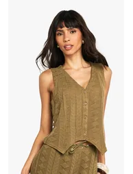 Mix and Match Textured Patterned Knitted Waistcoat - khaki - 1