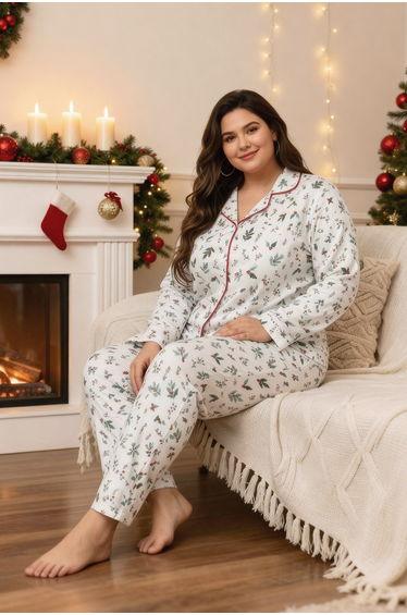Ecru 100% Cotton Floral Piping Knitted Pajama Set