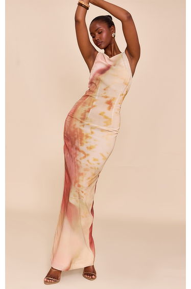 Natural Abstract Printed Chiffon Maxi Dress