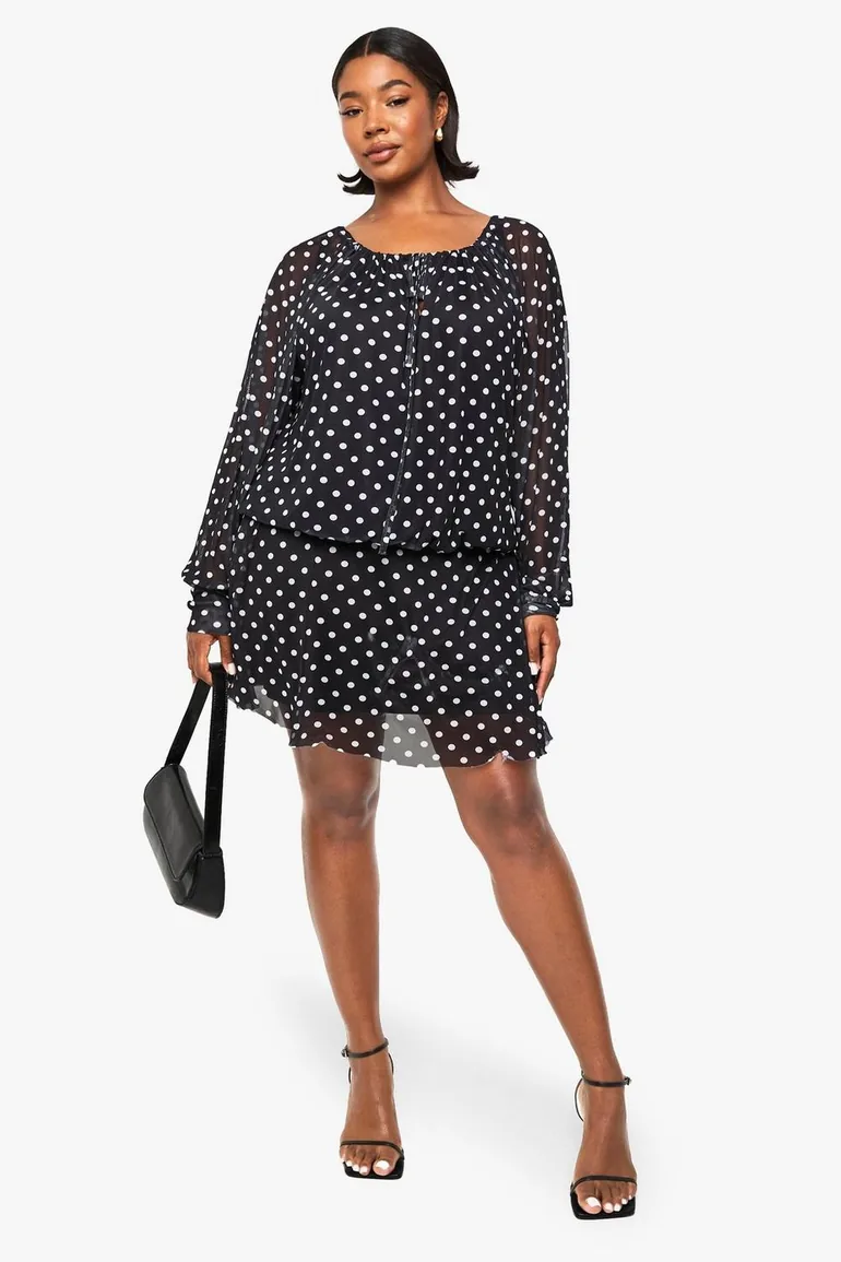 Plus Mesh Polka Drop Hem Mini Dress - black