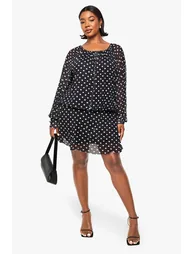 Plus Mesh Polka Drop Hem Mini Dress - black