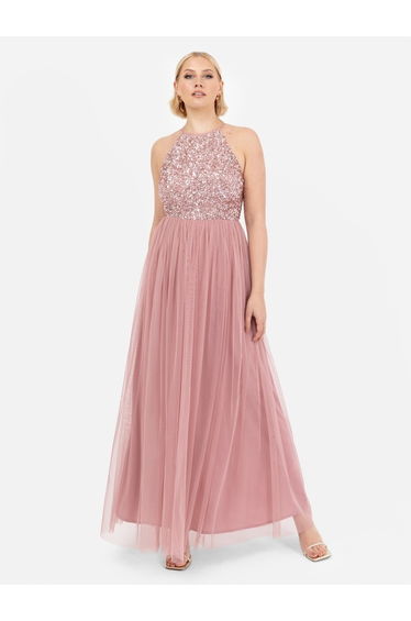 Maya Dusty Pink Embellished Halter Neck Maxi Dress