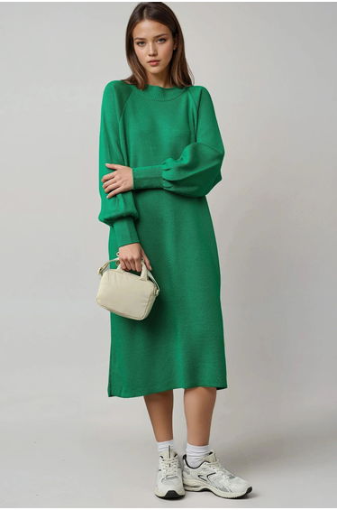 MY FASHION Long Loose Fit Ribbed Knit Dress with Crew Neck