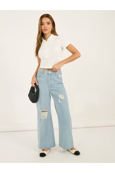 High Rise Wide Leg Knee Distress Detail Jeans