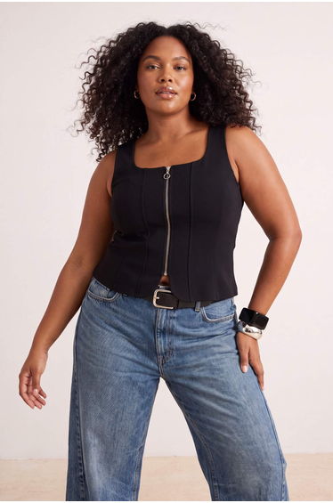 Black Fitted/Square Neck Zipper Sleeveless Crepe Knitted Plus Size Blouse