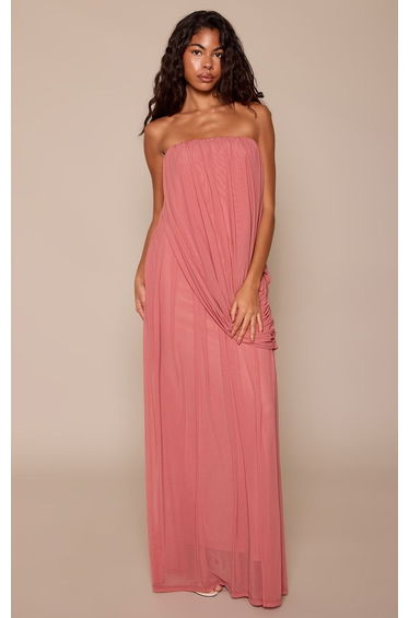 Dusty Rose Mesh Drape Bandeau Maxi Dress