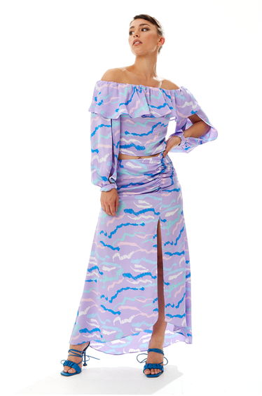 Women's Abstract Print Gathered Front Slit Maxi Skirt .