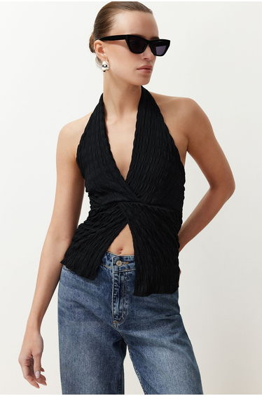 Black Premium Textured Halter Crop Gathered Knitted Blouse