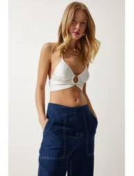 Women's Navy Blue Embroidery Detail Muslin Trousers - 2