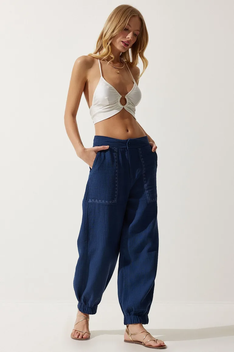 Women's Navy Blue Embroidery Detail Muslin Trousers - 1