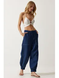 Women's Navy Blue Embroidery Detail Muslin Trousers - 1