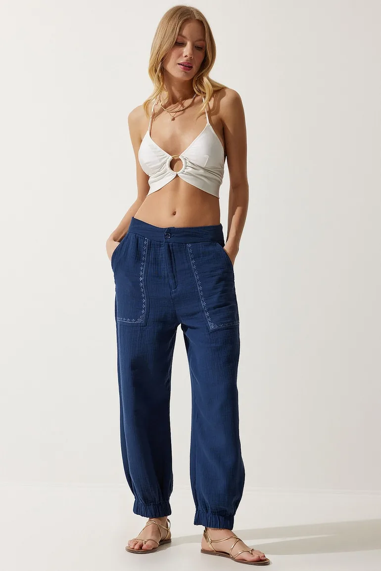 Women's Navy Blue Embroidery Detail Muslin Trousers
