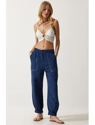 Women's Navy Blue Embroidery Detail Muslin Trousers
