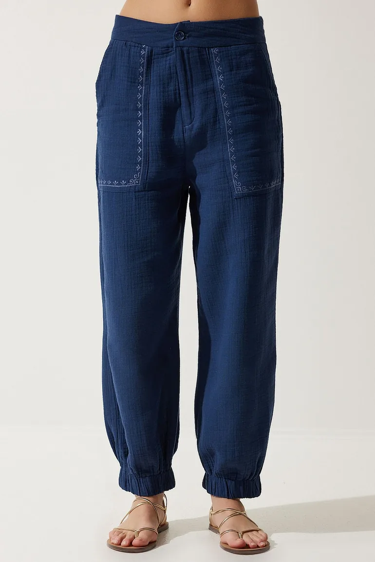 Women's Navy Blue Embroidery Detail Muslin Trousers - 3