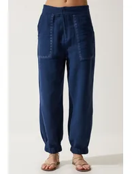 Women's Navy Blue Embroidery Detail Muslin Trousers - 3