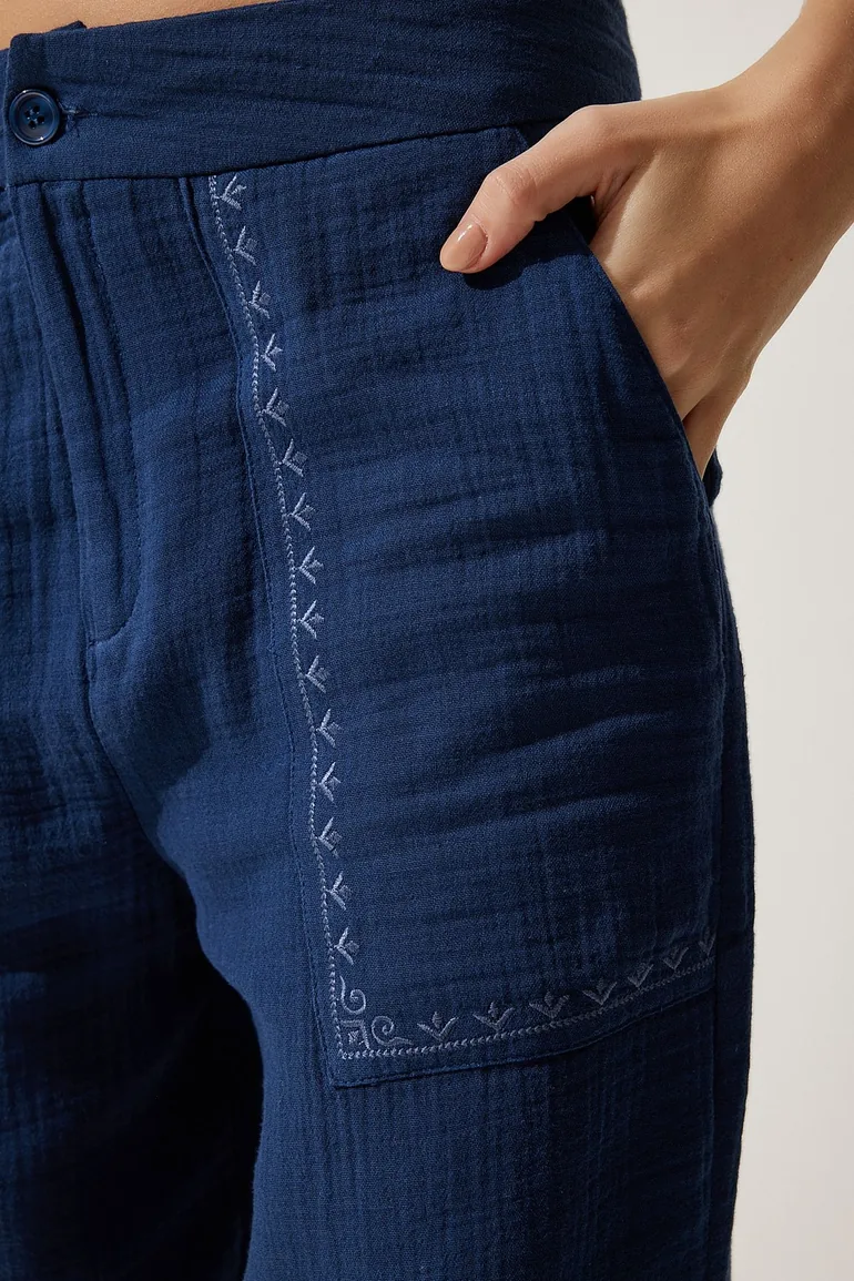 Women's Navy Blue Embroidery Detail Muslin Trousers - 5