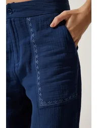 Women's Navy Blue Embroidery Detail Muslin Trousers - 5
