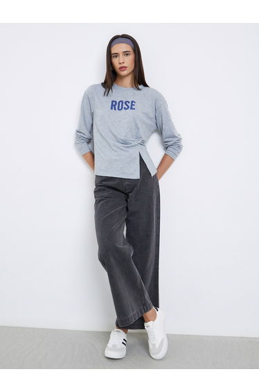 Grey Slogan Print Knot Detail T-Shirt