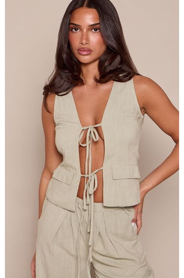 Petite Sage Green Tie Front Pocket Detail Linen Look Top