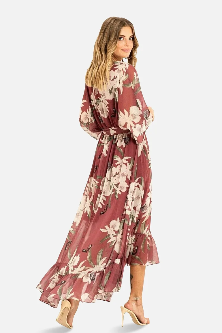 Yumi Floral Print Kimono Rose Pink Midi Wrap Dress - 2