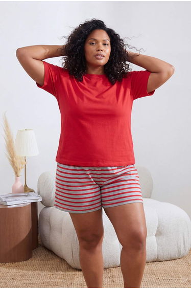 Red-Multicolor Striped Crew Neck Knitted Large Size Pajama Set