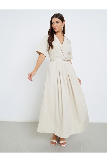 Notch Lapel Belted A-Line Maxi Dress