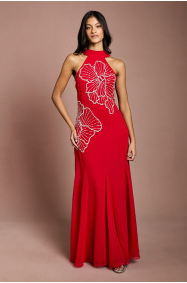 Petite Embellished Maxi Dress With Godet Pleats