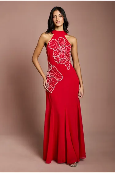 Petite Embellished Maxi Dress With Godet Pleats