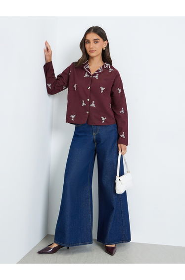 Burgundy Embroidered Long Sleeve Shirt