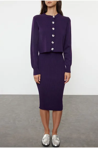 Purple Midi Knitwear Basic Cardigan Dress