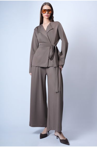 Women's Brown Self-Tie Belted Long Jacket and Double Pocket Trousers Set