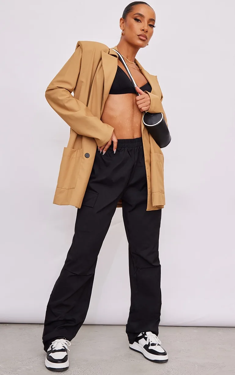 Black Elasticated Waist Straight Leg Cargo Pants
