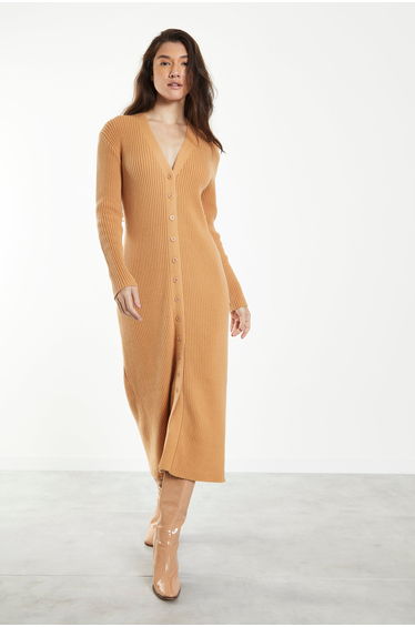 Beige Column Midaxi Shirt Dress with Long Sleeve