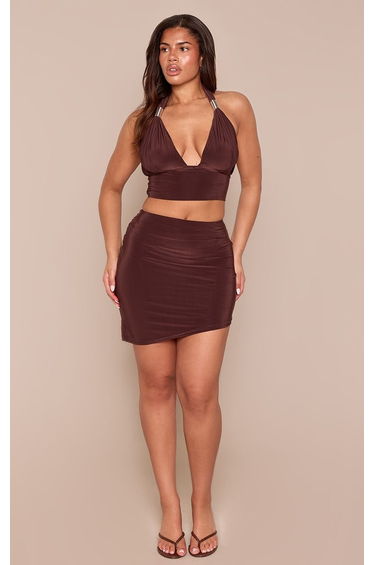 Shape Chocolate Trim Detail Asymmetrical Mini Skirt Co-ord