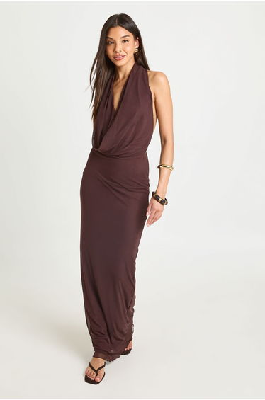 Halterneck Mesh Maxi Dress - chocolate