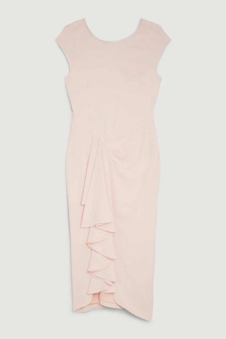 Compact Stretch Viscose Cap Sleeve Drape Detail Midi Dress - 3