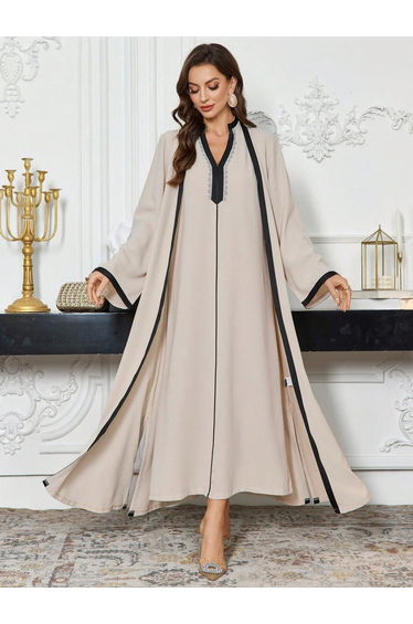 Contrast Trim Open Front Kimono and Inner Dress Modest Set