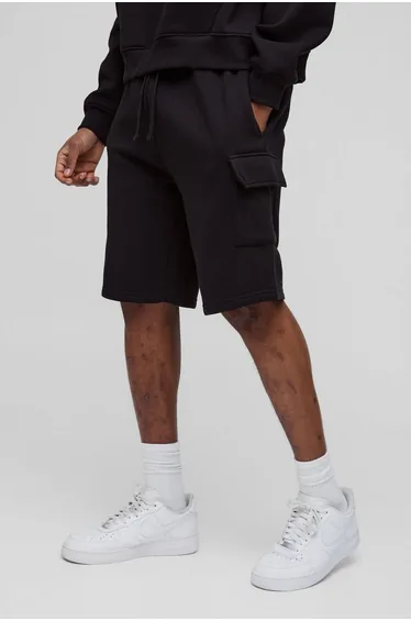Tall Loose Fit Mid Length Cargo Shorts - black