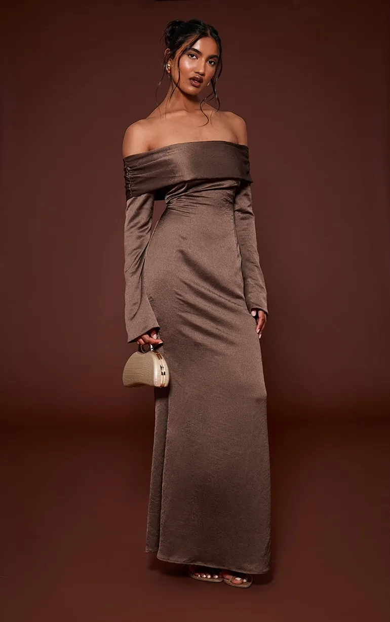 Mocha Bardot Long Sleeve Maxi Dress Prettylittlething Brown : Evening  Dresses : VogaCloset Oman