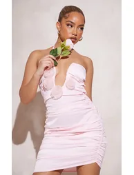 Petite Baby Pink Satin Rose Detail Bandeau Dress