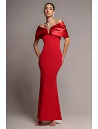 Satin Plunge Neck Bardot Scuba Maxi Dress - Red by Goddiva