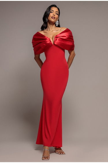 Satin Plunge Neck Bardot Scuba Maxi Dress - Red by Goddiva