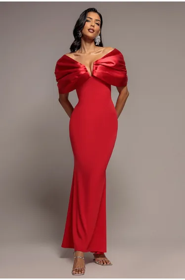 Satin Plunge Neck Bardot Scuba Maxi Dress - Red by Goddiva