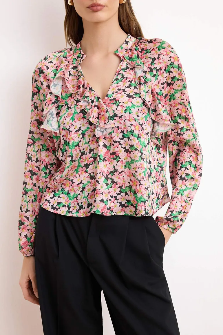 Pink Floral Ruffle Detail Satin Woven Blouse - 2