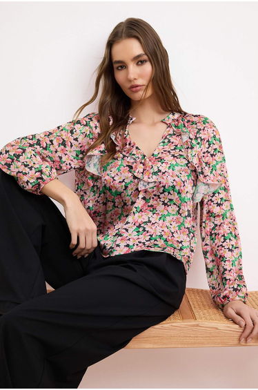 Pink Floral Ruffle Detail Satin Woven Blouse
