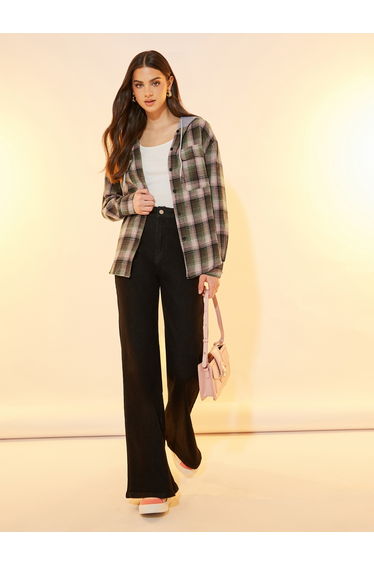 Plaid Pattern Front Pocket Hooded Jacket